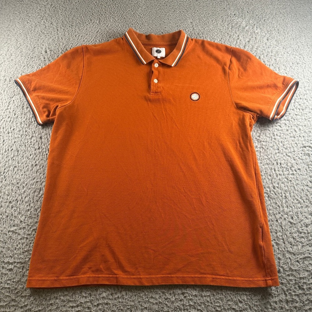 Pretty Green Polo Shirt Mens XL Orange Short Sleeve Striped Collar Ringer Trim